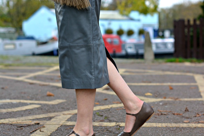 Mulberry angora wool mix scarf | Urbacode London grey leather pencil skirt | Chanel taupe t-bar ballet flats