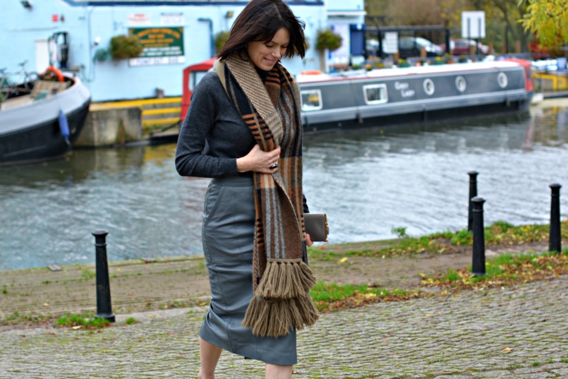 Boden cashmere mix grey polo neck jumper | Mulberry angora wool mix scarf | Urbacode London grey leather pencil skirt | Chanel taupe t-bar ballet flats | Prada taupe saffuano wallet