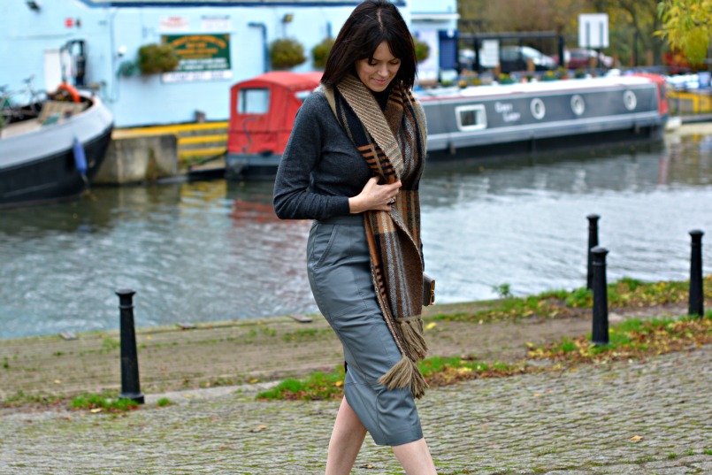 Boden cashmere mix grey polo neck jumper | Mulberry angora wool mix scarf | Urbacode London grey leather pencil skirt | Chanel taupe t-bar ballet flats | Prada taupe saffuano wallet