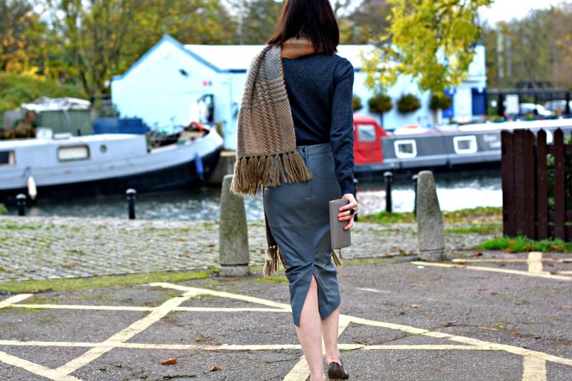 Boden cashmere mix grey polo neck jumper | Mulberry angora wool mix scarf | Urbacode London grey leather pencil skirt | Chanel taupe t-bar ballet flats | Prada taupe saffiano wallet