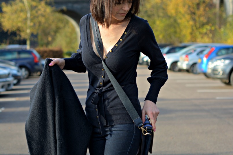 Maje dark navy coat | French Connection navy belted cardigan | Whistles super skinny stretch dark enim jeans | Anya Hindmarch cross body bag