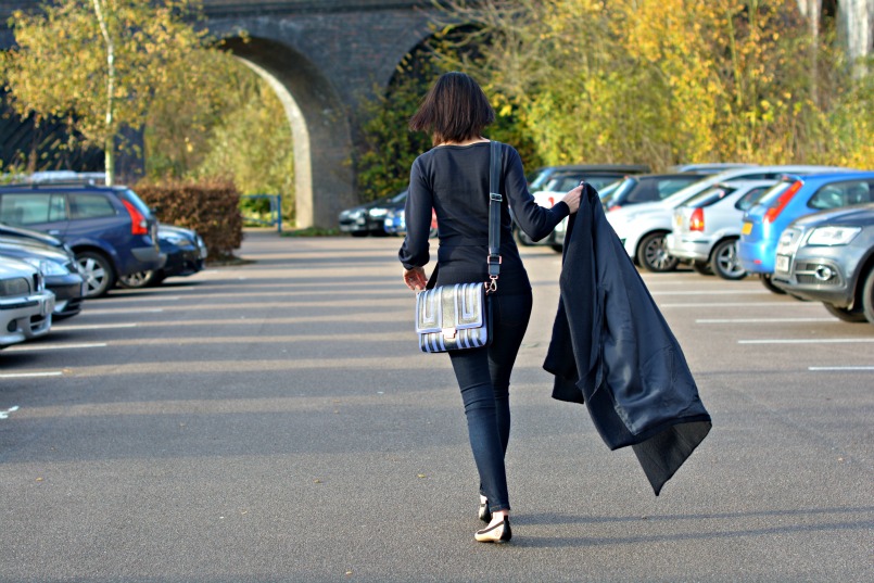 Maje dark navy coat | French Connection navy belted cardigan | Whistles super skinny stretch dark enim jeans | Anya Hindmarch cross body bag