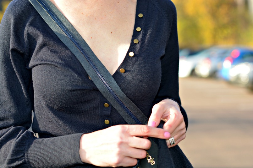 Maje dark navy coat | French Connection navy belted cardigan | Anya Hindmarch cross body bag