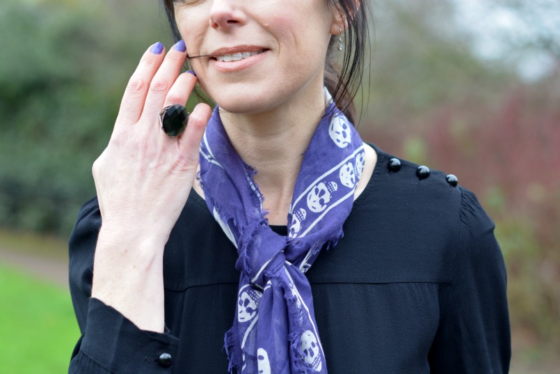 Aubin Wills black peplum top | Alexander McQueen purple skull scarf |Marks and Spencer black cocktail ring