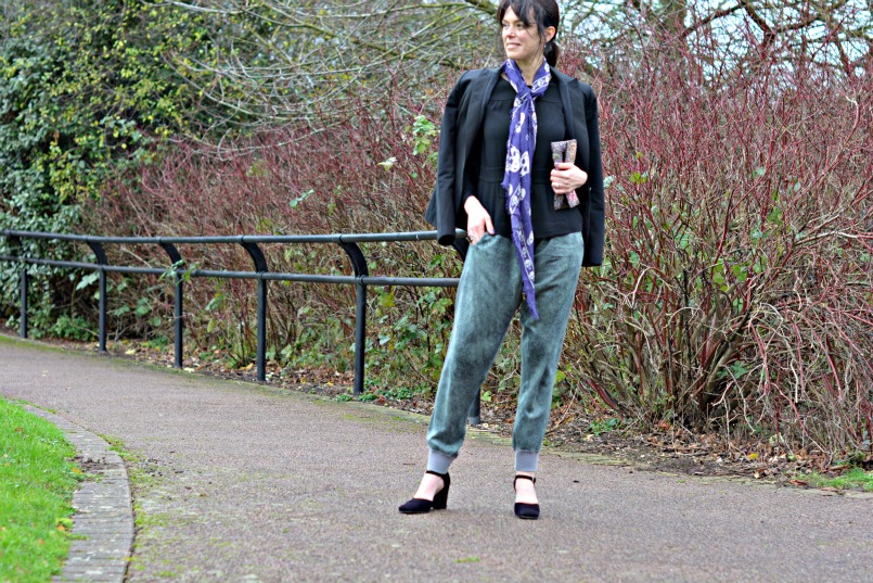 Aubin Wills black peplum top | Sign Copenhagen silk snake print harem pants | Raymond Castle black suede mary jane wedge shows | Alexander McQueen purple skull scarf | Whistles black blazer | Thrifted sequins clutch bag | Marks and Spencer black cocktail ring