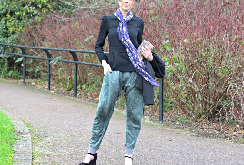 Aubin Wills black peplum top | Sign Copenhagen silk snake print harem pants | Raymond Castle black suede mary jane wedge shows | Alexander McQueen purple skull scarf | Whistles black blazer | Thrifted sequins clutch bag | Marks and Spencer black cocktail ring