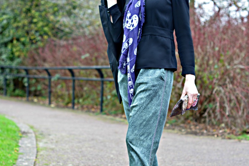 Aubin Wills black peplum top | Sign Copenhagen silk snake print harem pants | Raymond Castle black suede mary jane wedge shows | Alexander McQueen purple skull scarf | Whistles black blazer | Thrifted sequins clutch bag | Marks and Spencer black cocktail ring