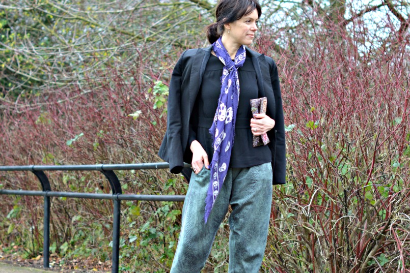 Aubin Wills black peplum top | Sign Copenhagen silk snake print harem pants | Raymond Castle black suede mary jane wedge shows | Alexander McQueen purple skull scarf | Whistles black blazer | Thrifted sequins clutch bag | Marks and Spencer black cocktail ring