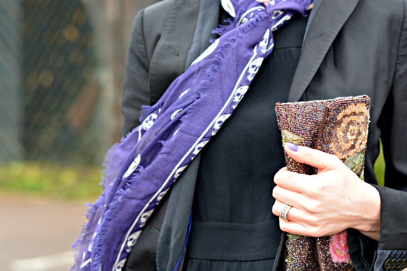 Aubin Wills black peplum top | Sign Copenhagen silk snake print harem pants | Raymond Castle black suede mary jane wedge shows | Alexander McQueen purple skull scarf | Whistles black blazer | Thrifted sequins clutch bag | Marks and Spencer black cocktail ring