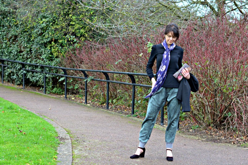 Aubin Wills black peplum top | Sign Copenhagen silk snake print harem pants | Raymond Castle black suede mary jane wedge shows | Alexander McQueen purple skull scarf | Whistles black blazer | Thrifted sequins clutch bag | Marks and Spencer black cocktail ring