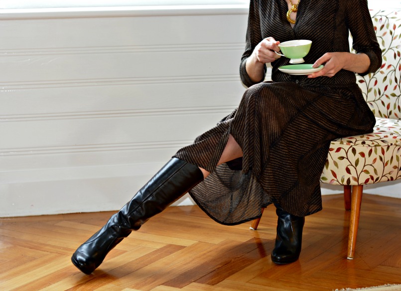 Ted and Muffy high knee high black boots | Samantha Sung Audrey dress | Chanel vintage gold necklace