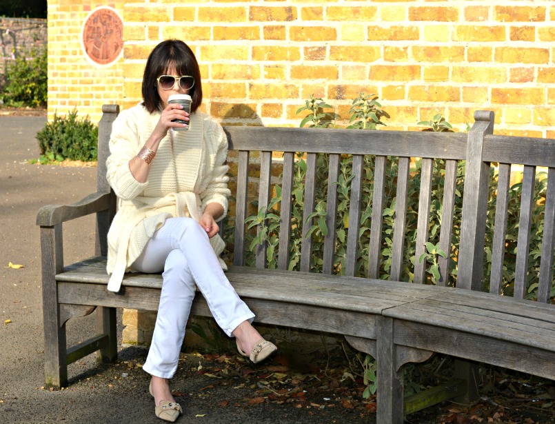 Eternal Collection Vogue Rose gold tone bangle | White Company London white skinny jeans | Prada beige pointed toe kitten heel shoes | 3.1 Phillip Lim handmade sunglasses | Gharani Strok cream cable knit belted cardigan