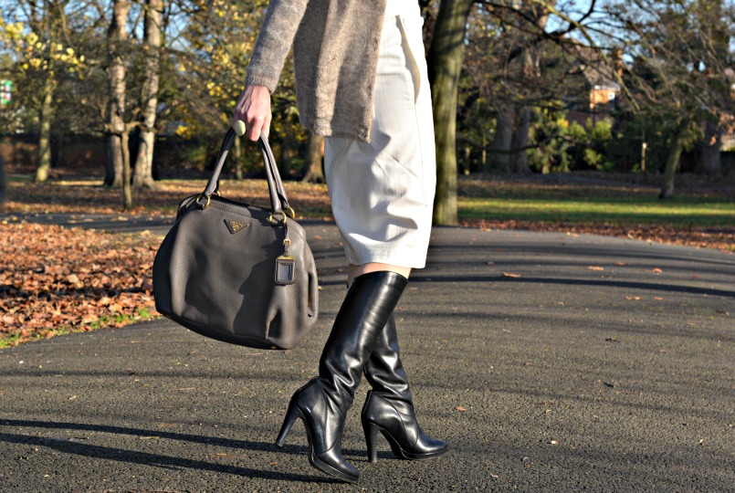 Acne studios skirt | Whistles leopard print jumper | Ted & Muffy knee high boots | Isabel Marant mohair cardigan |AllSaints snood | Prada deerskin bag | Isabel Marant ring