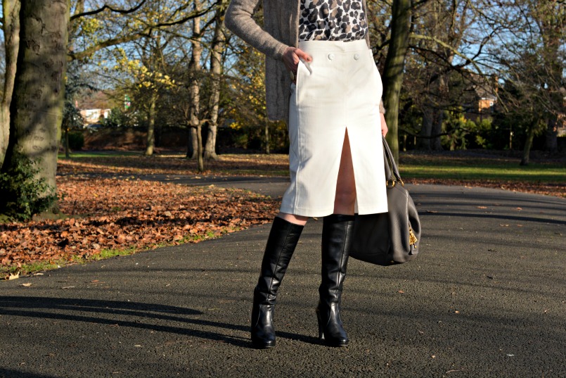 Acne studios skirt | Whistles leopard print jumper | Ted & Muffy knee high boots | Isabel Marant mohair cardigan |AllSaints snood | Prada deerskin bag | Isabel Marant ring