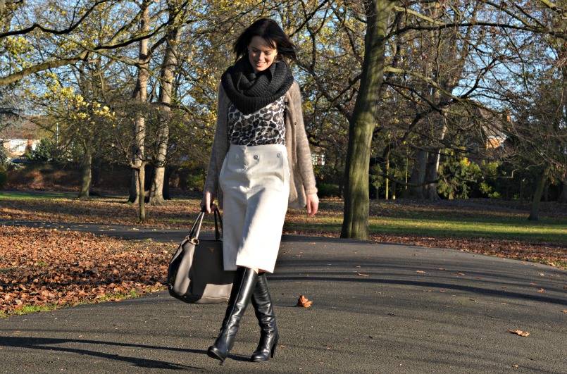 Acne studios skirt | Whistles leopard print jumper | Ted & Muffy knee high boots | Isabel Marant mohair cardigan |AllSaints snood | Prada deerskin bag | Isabel Marant ring