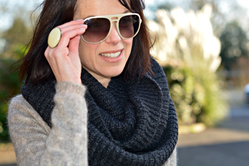 AllSaints grey wool snood | Isabel Marant ring | 3.1 Phillip Lim sunglasses