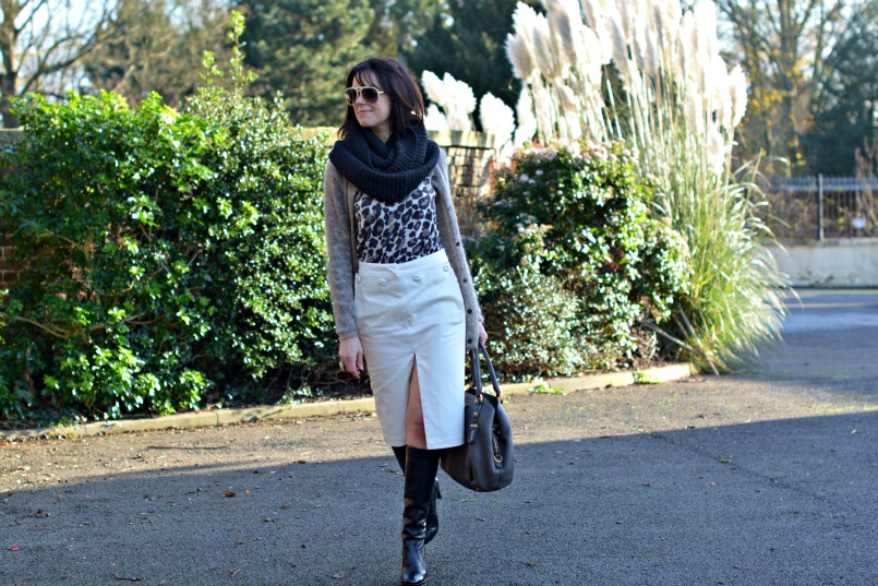 Acne studios skirt | Whistles leopard print jumper | Ted & Muffy knee high boots | Isabel Marant mohair cardigan |AllSaints snood | Prada deerskin bag | Isabel Marant ring