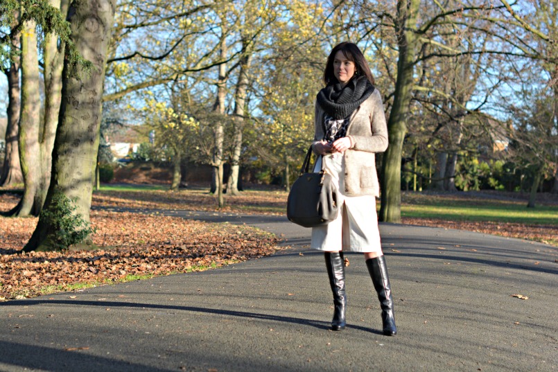 Acne studios skirt | Whistles leopard print jumper | Ted & Muffy knee high boots | Isabel Marant mohair cardigan |AllSaints snood | Prada deerskin bag | Isabel Marant ring