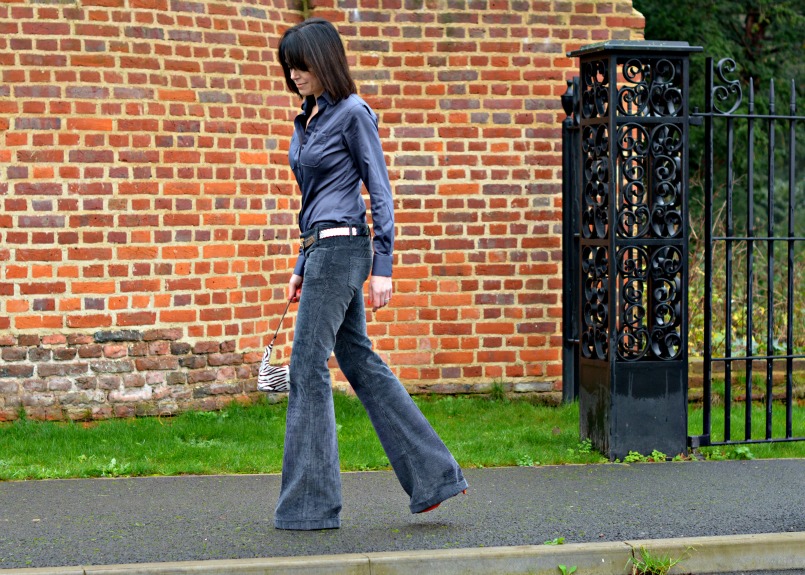 Gucci Grey corduroy flares | Thomas Pink grey fitted shirt | Whistles tangerine suede platform pumps | Prada zebra pony hair bag | Vintage silver belt