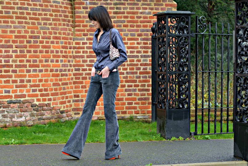 Gucci Grey corduroy flares | Thomas Pink grey fitted shirt | Whistles tangerine suede platform pumps | Prada zebra pony hair bag | Vintage silver belt