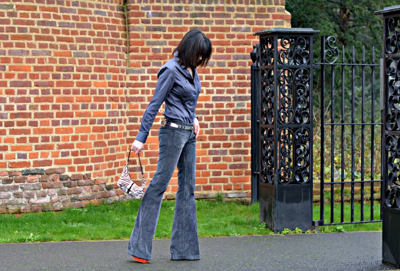 Gucci Grey corduroy flares | Thomas Pink grey fitted shirt | Whistles tangerine suede platform pumps | Prada zebra pony hair bag | Vintage silver belt