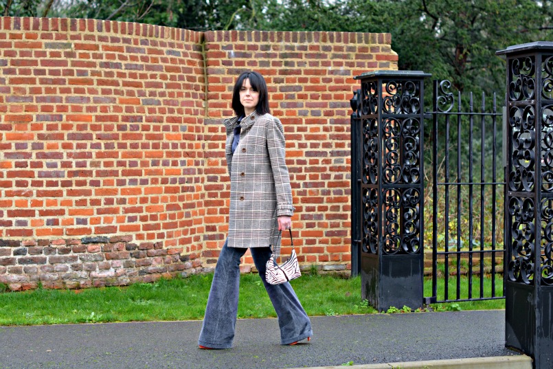 Gucci Grey corduroy flares | Thomas Pink grey fitted shirt | Whistles tangerine suede platform pumps | Prada zebra pony hair bag | Vintage silver belt | Reiss check wool coat