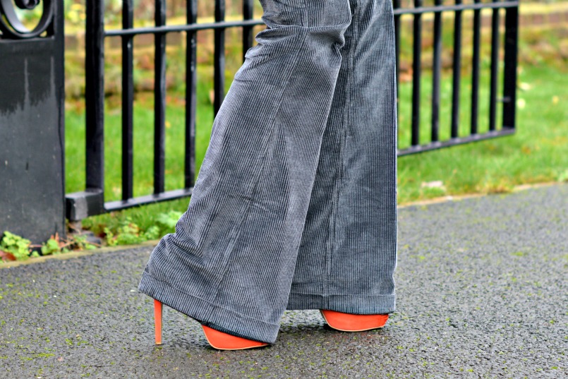 Gucci Grey corduroy flares | Thomas Pink grey fitted shirt | Whistles tangerine suede platform pumps