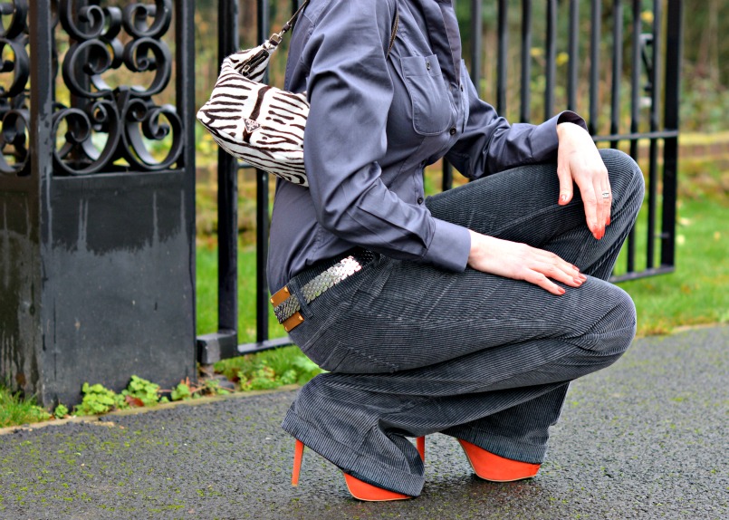 Gucci Grey corduroy flares | Thomas Pink grey fitted shirt | Whistles tangerine suede platform pumps | Prada zebra pony hair bag | Vintage silver belt