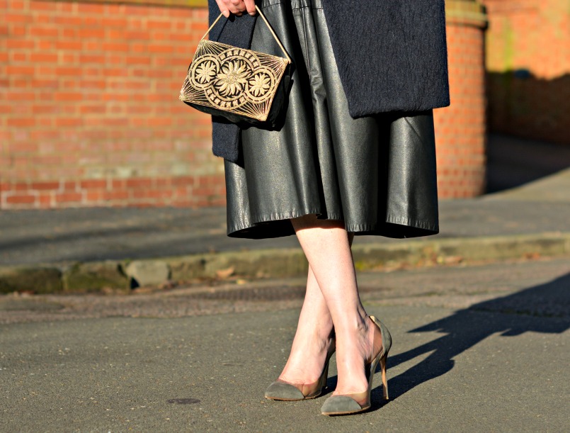 Vintage full black leather midi skirt | Maje midnight blue wool coat | 1930s Vintage beaded velvet bag | Gianvito Rossi plexi grey suede pumps