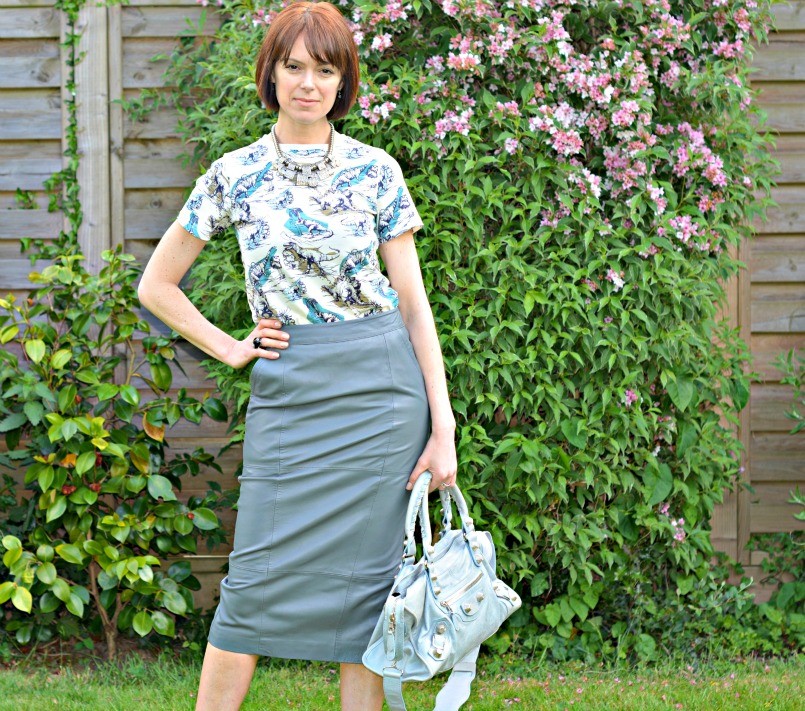 dino t-shirt | grey leather pencil skirt | balenciaga bag | lanvin shoes