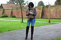 allsaints over the knee boots | Neuw Denim jeans | AllSaints Elgar jumper | Mulberry scarf