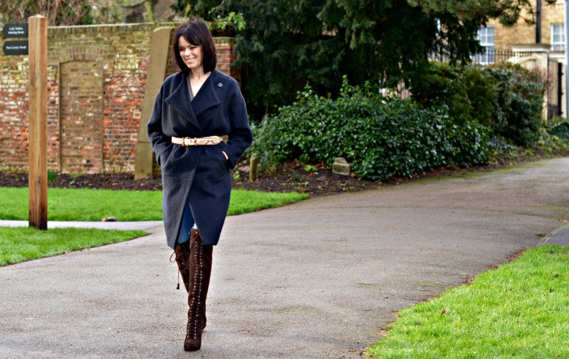 allsaints over the knee boots | Neuw Denim jeans | AllSaints Elgar jumper | Maje coat