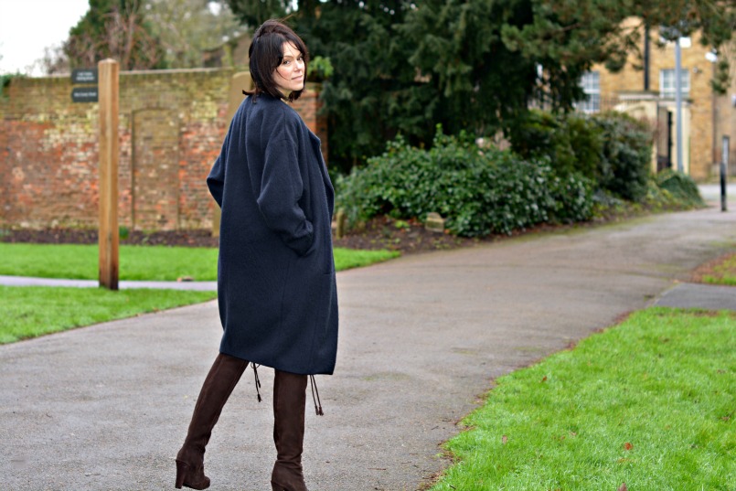 allsaints over the knee boots | Neuw Denim jeans | AllSaints Elgar jumper | Maje coat