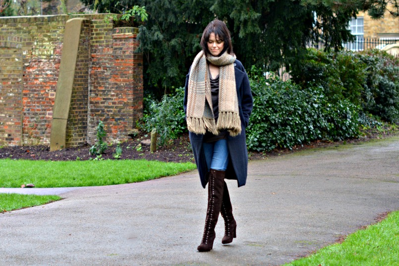 allsaints over the knee boots | Neuw Denim jeans | AllSaints Elgar jumper | Mulberry scarf | Maje coat