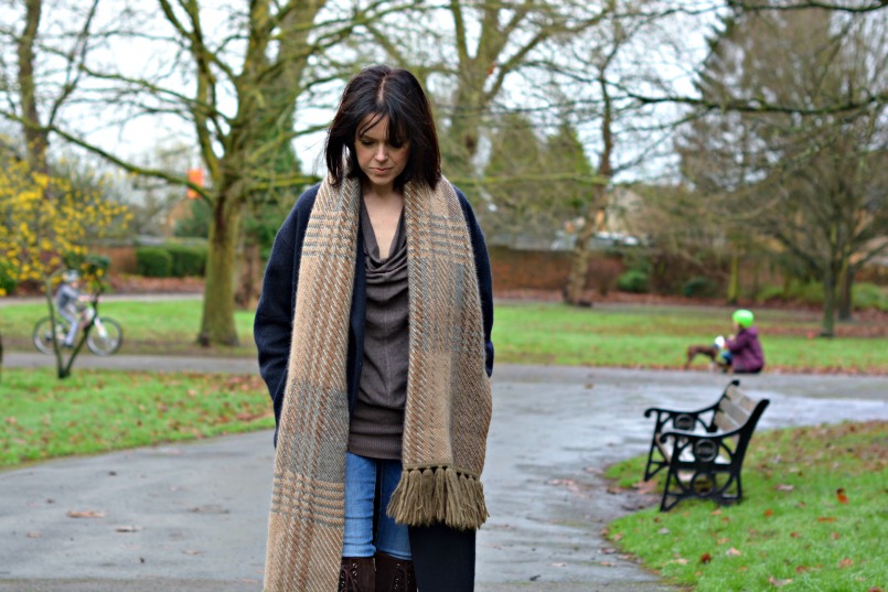 AllSaints over the knee boots | Neuw Denim jeans | AllSaints Elgar jumper | Mulberry scarf | Maje coat