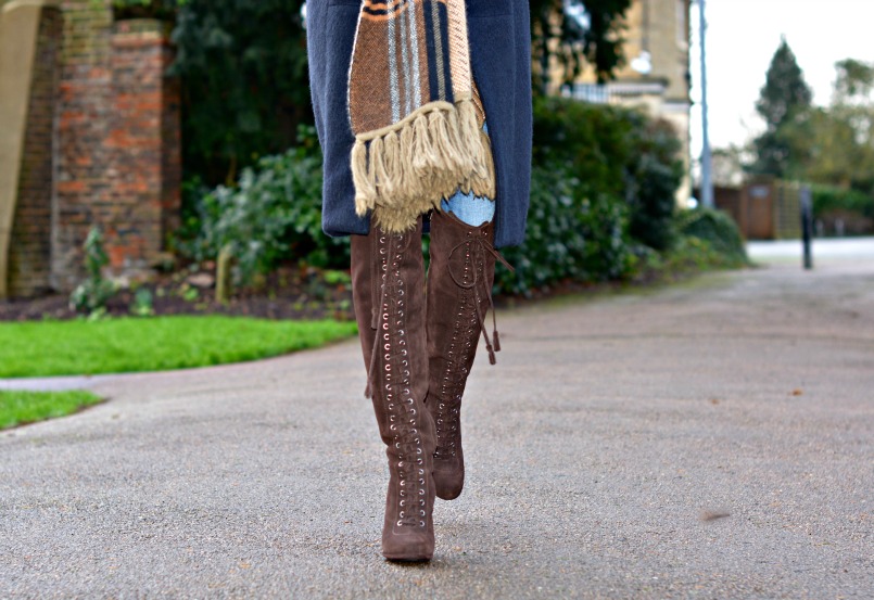 allsaints over the knee boots | Neuw Denim jeans | AllSaints Elgar jumper | Mulberry scarf