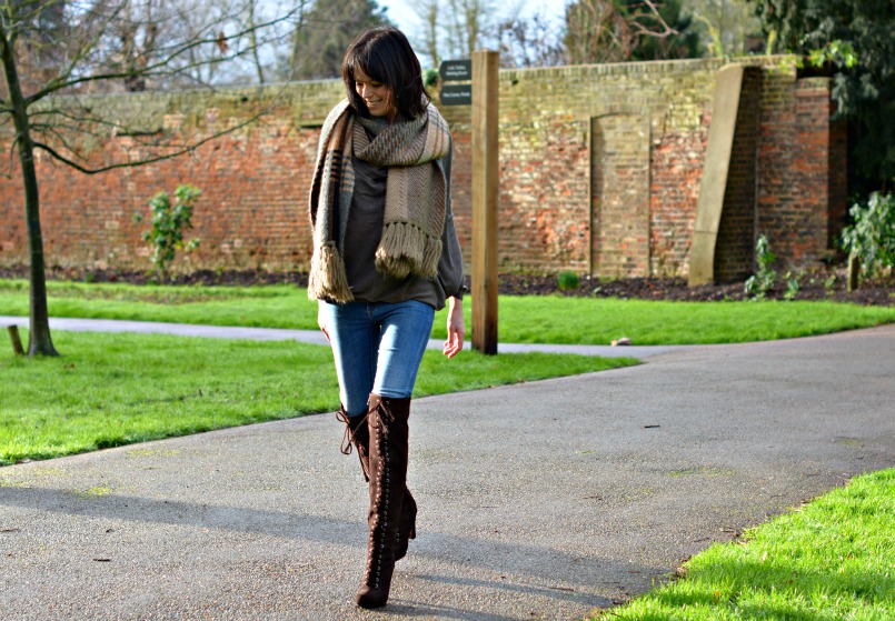 allsaints over the knee boots | Neuw Denim jeans | AllSaints Elgar jumper | Mulberry scarf