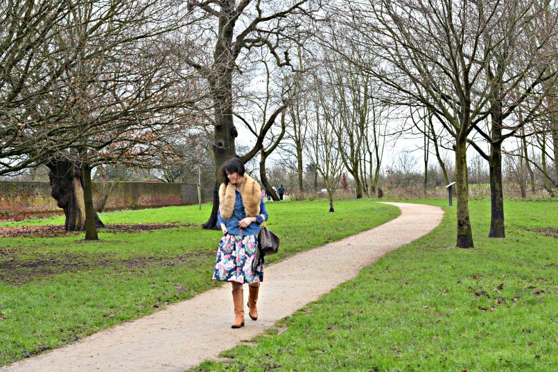 cath kidston bloomsbury floral dress with tan boots