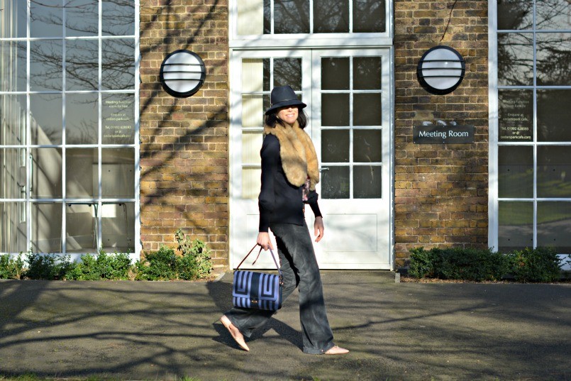 Laura Ashley Trilby | Zara fur stole | Gucci flares | Halogen t-bar flats | Boden top | French Connection cardigan | Anya Hindmarch bag