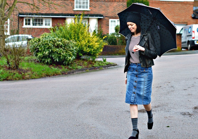 moschino umbrella umbrella | AllSaints leather biker jacket | Whistles breton top | Button through denim skirt