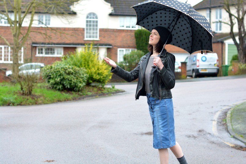 moschino umbrella umbrella | AllSaints leather biker jacket | Whistles breton top | Button through denim skirt