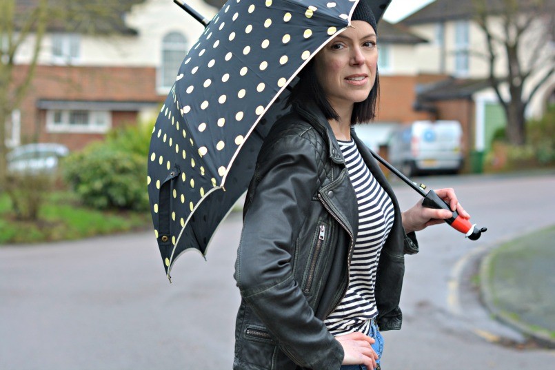 moschino umbrella umbrella | AllSaints leather biker jacket | Whistles breton top | Button through denim skirt