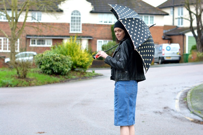 moschino umbrella umbrella | AllSaints leather biker jacket | Whistles breton top | Button through denim skirt