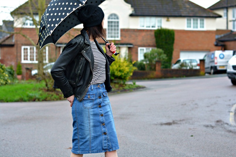 moschino umbrella umbrella | AllSaints leather biker jacket | Whistles breton top | Button through denim skirt