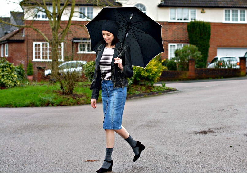 moschino umbrella umbrella | AllSaints leather biker jacket | Whistles breton top | Button through denim skirt