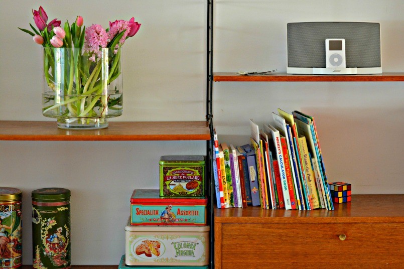 String shelving with Vintage Tins