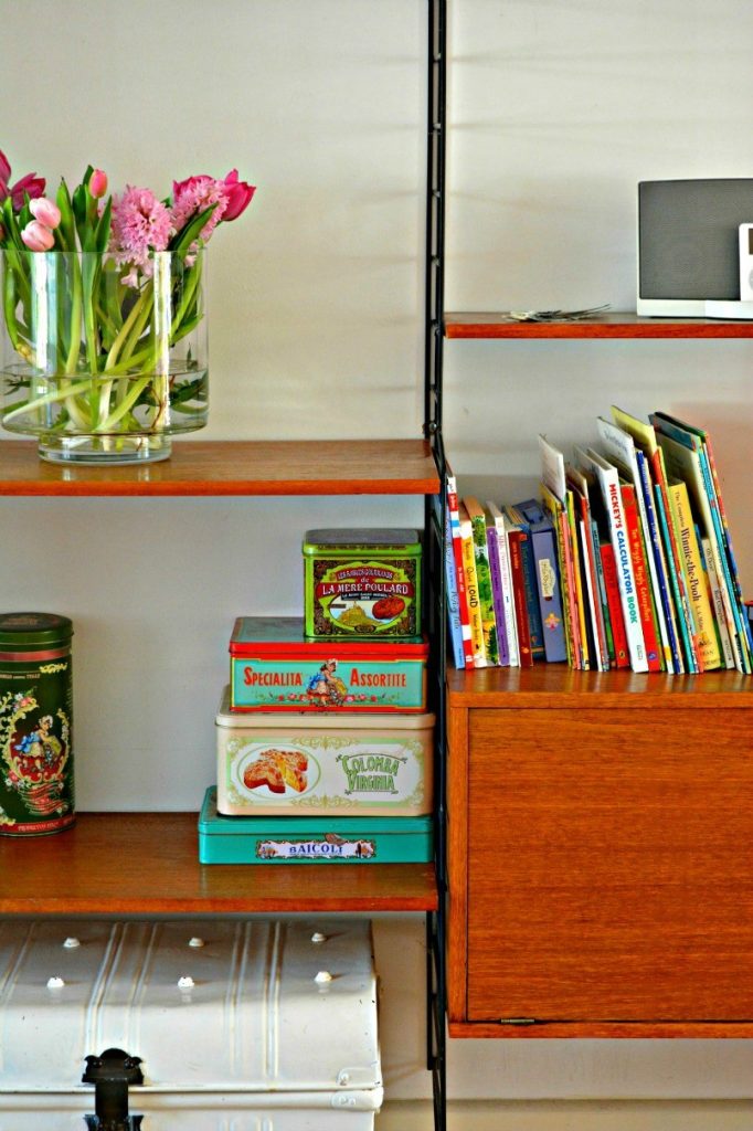 String shelving with Vintage Tins