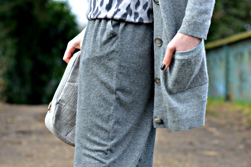 Theory cashmere cardigan | Whistles leopard print jumper | Sandro jumpsuit | Alexander Wang clutch