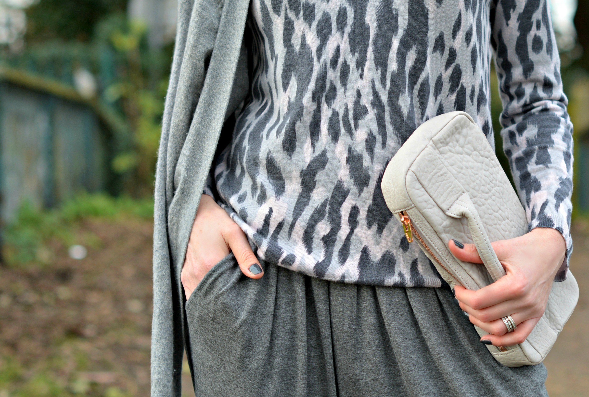 Theory cashmere cardigan | Whistles leopard print jumper | Sandro jumpsuit | Alexander Wang clutch