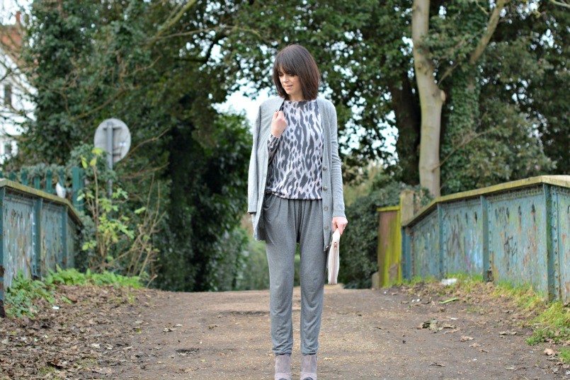Theory cashmere cardigan | Whistles leopard print jumper | Sandro jumpsuit | Alexander Wang clutch | Sigerson Morrison sandals
